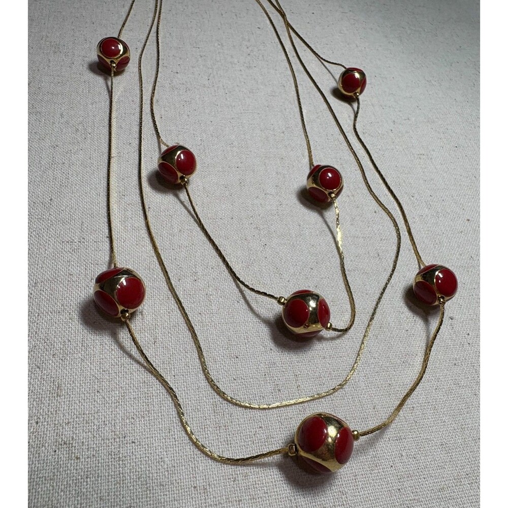 vintage 80s red gold tone necklace enamel beads mod delicate lobster clasp